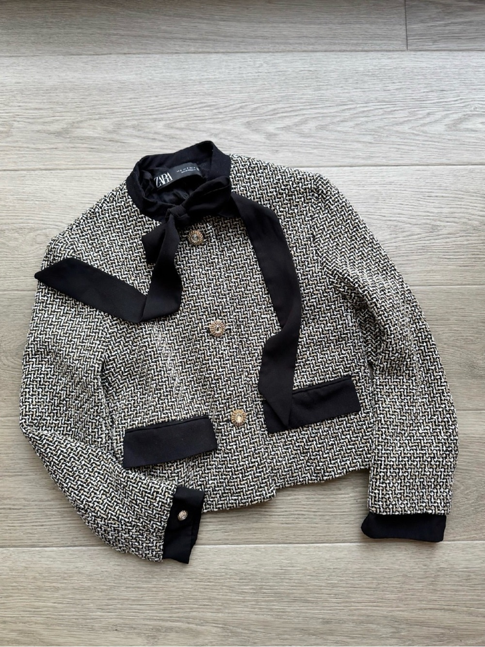 Zara Black & White Tweed Cropped Jacket with Bow Neck